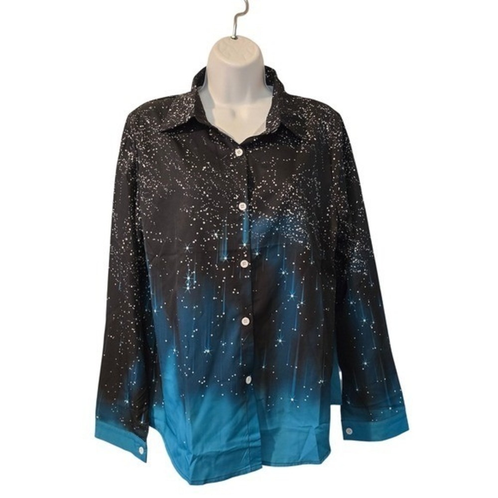 Sparkle Starburst Galaxy Print Button Down Shirt Long Sleeve Top Size L /0143
